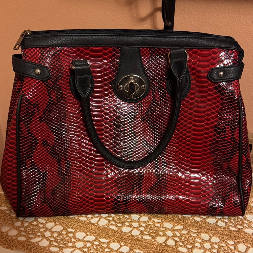 Red Faux Snakeskin Satchel Handbag - Unbranded